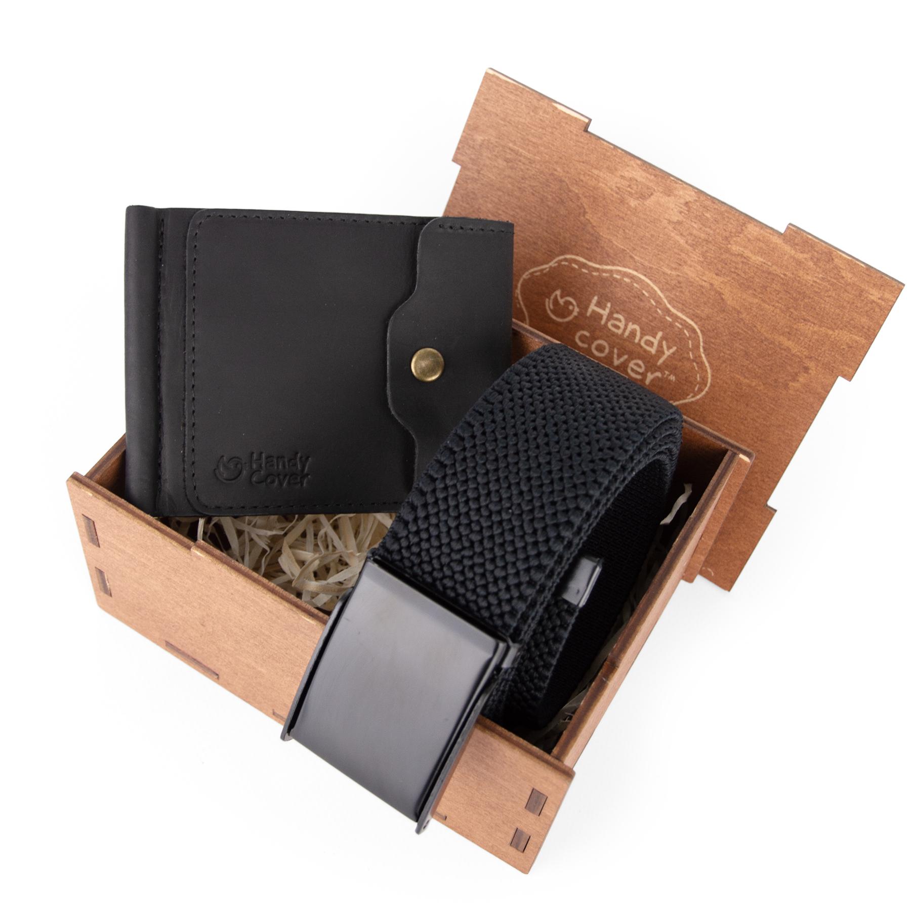 Подарунковий набір чоловічий №108 ремінь та затискач для купюр в коробці Чорний (2904435213)