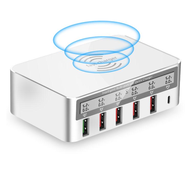 Зарядное устройство WLX-818PF 100W 1xUSB QC3.0/4xUSB/1xPD Type-C/беспроводная зарядка Qi 10W White