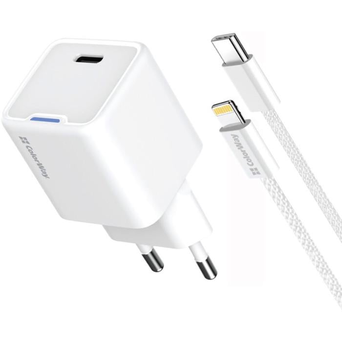Зарядное устройство сетевое ColorWay GaN Mini CW-CHS059PDL-WT 20W с кабелем USB-C to Lightning USB-C PD 3.0/QC 4.0 PPS White
