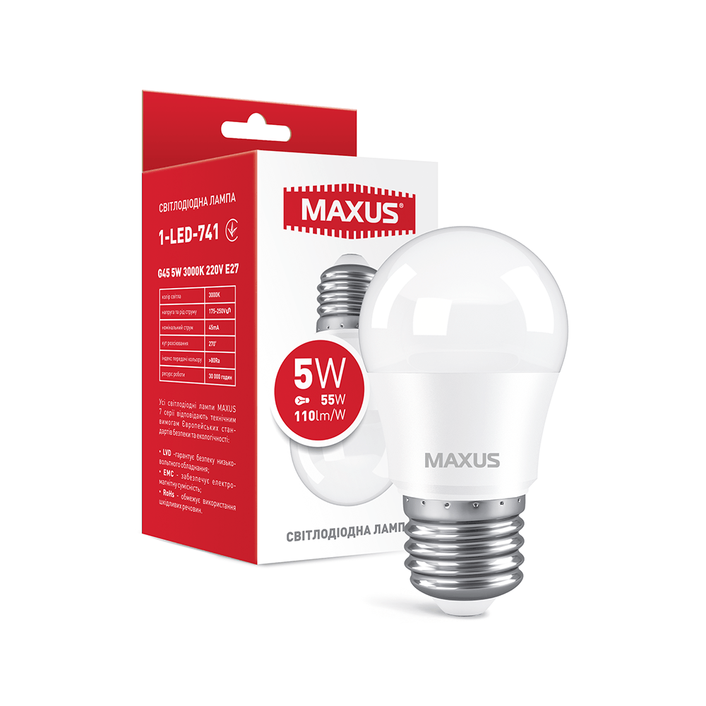 Лампа світлодіодна MAXUS G45 5W 3000K 220V E27 1-LED-741 (2221395460)