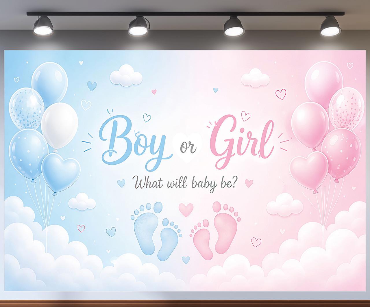 Фотозона баннер Boy or Girl What will baby be с отпечатками ножек 300x200см, №48824 Фотозона баннер Boy or Girl What will baby be с отпечатками ножек 300x200см, №48824