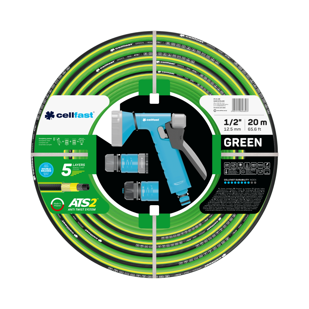 Набор шланг Cellfast GREEN TSV 1/2" 20 м и набор фитингов CELLPRO прочный/износостойкий/легкий и гибкий для ежедневного полива