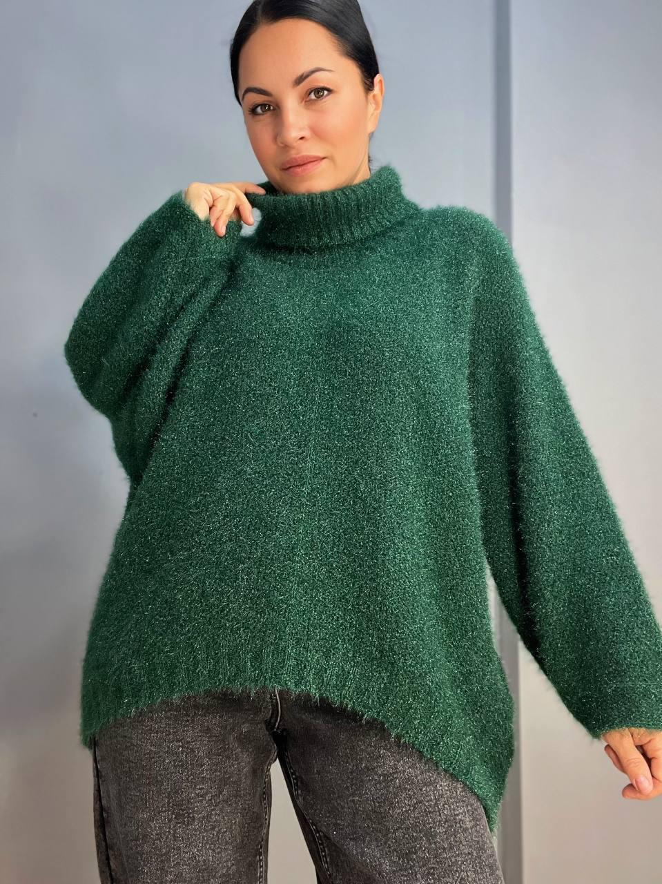 Светр жіночий MY FASHION 3267 павутинка оверсайз широкий комір хомут подовжений р. 44-48 Зелений (3115) - фото 9