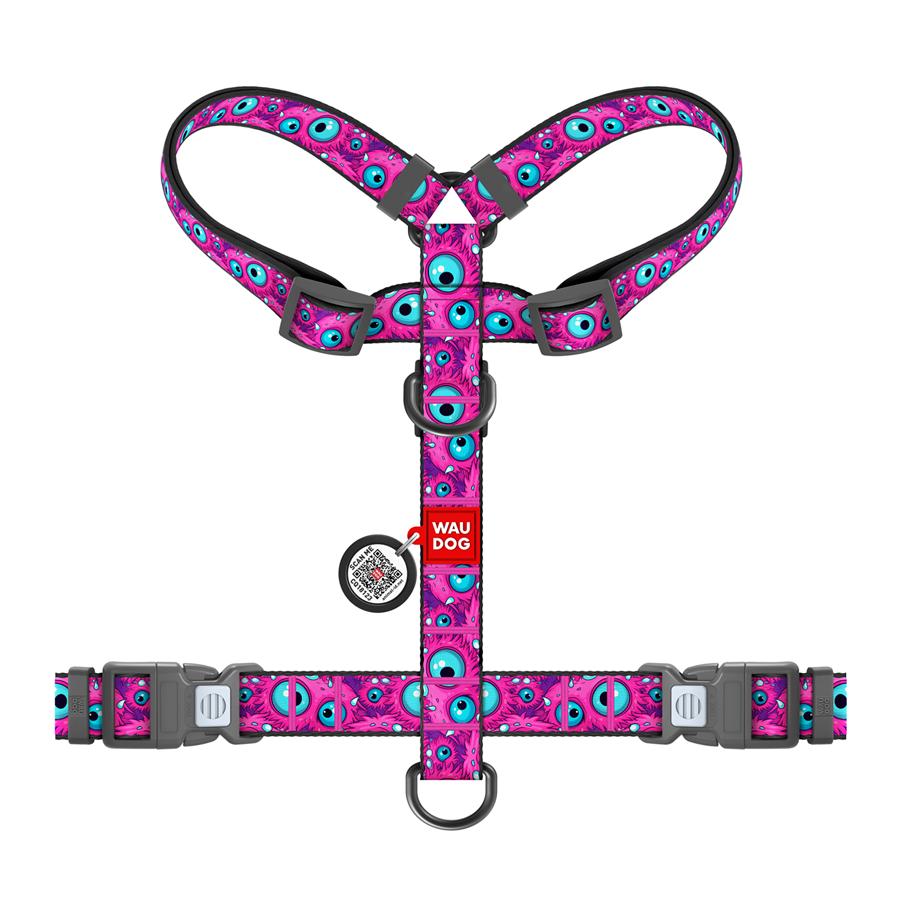 Шлейка для собак с QR-паспортом WAUDOG Nylon Глаз монстра пластиковый фастекс S 15 мм A 30-45 см/B 36-45 см Purple (343-4049) - фото 2