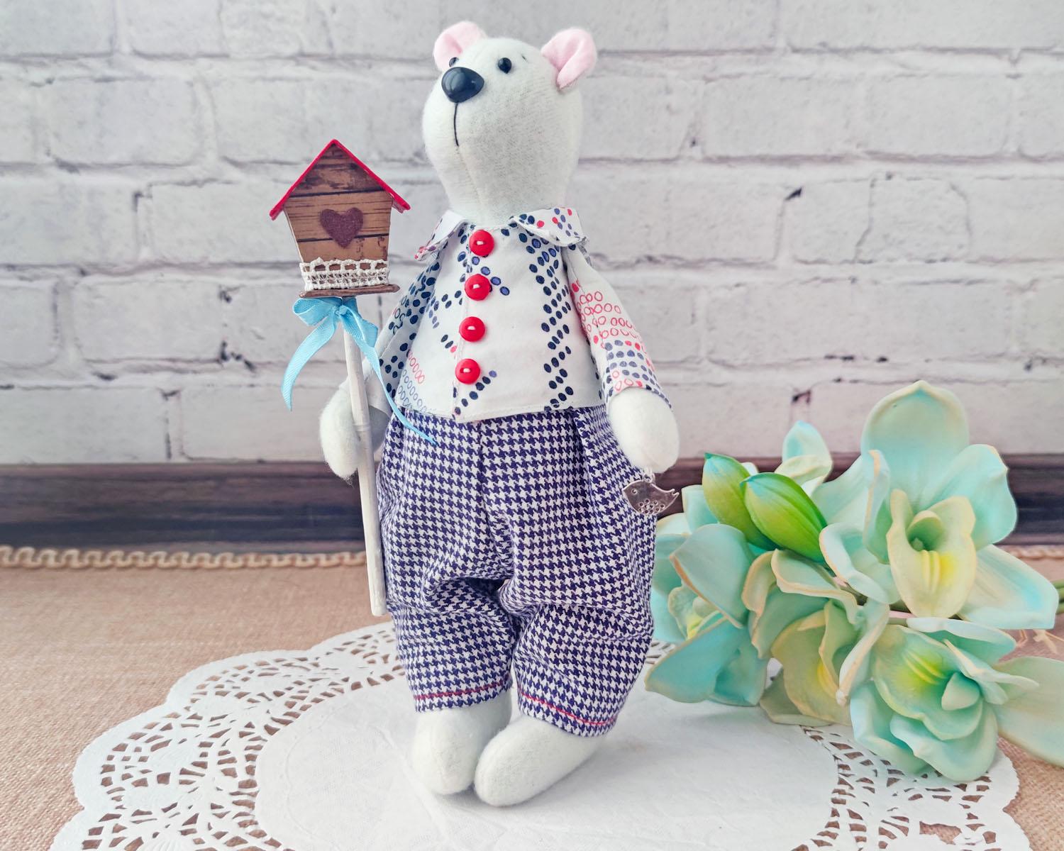 Кукла интерьерная в стиле тильда Медвежонок со скворечником  (1760576013)