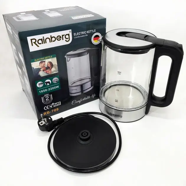 Чайник електричний Rainberg RB-709 2 л 2200 Вт скляний корпус LED підсвітка (ML-04425)