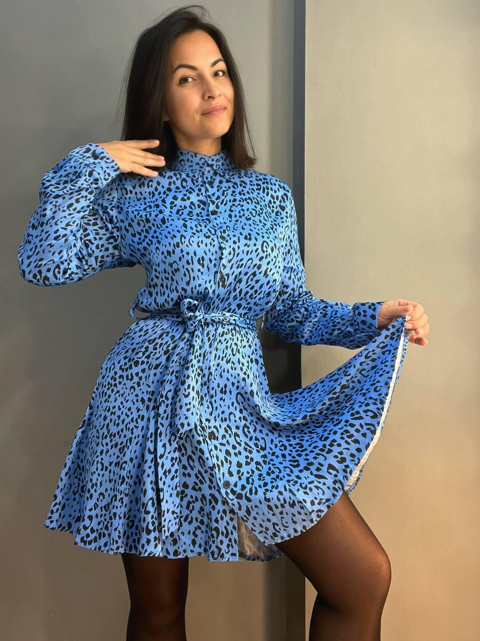 Платье женское MIX RAY 4219 леопардовый принт короткое на пуговицах с поясом S Голубой (1413) - фото 9 Платье женское MIX RAY 4219 леопардовый принт короткое на пуговицах с поясом S Голубой (1413) - фото 9