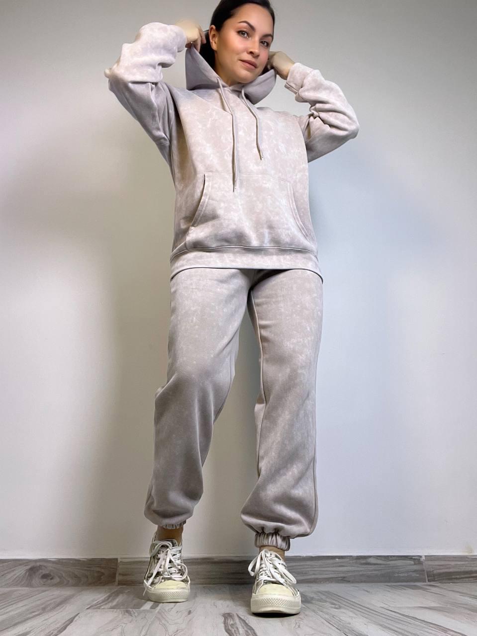 Костюм женский JOY ONE 8899 вареный тай-дай спортвный худи с капюшоном брюки джоггеры M Бежевый (3382)