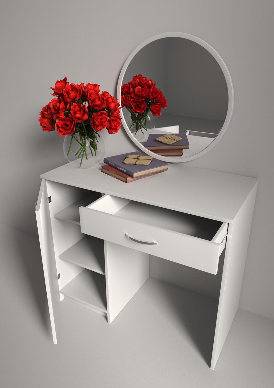 Туалетний столик New and Classic із круглим дзеркалом 750х900х450 мм Білий (ТЗ-1 ручки-1) - фото 3