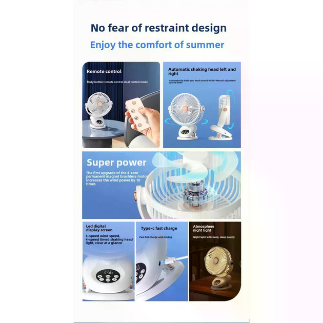 Вентилятор-міні портативний акумуляторний на прищіпці M9 з регулюванням швидкості та USB зарядкою White (M9 White) - фото 7