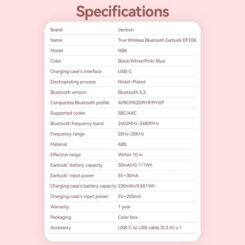 Навушники бездротові Vention Elf E06 Bluetooth 5.3 з AI-шумозаглушенням TWS 22 год відтверення AAC/SBC Hi-Fi водонепроникні IPX4 Білий (NBKW0) - фото 8 Навушники бездротові Vention Elf E06 Bluetooth 5.3 з AI-шумозаглушенням TWS 22 год відтверення AAC/SBC Hi-Fi водонепроникні IPX4 Білий (NBKW0) - фото 8