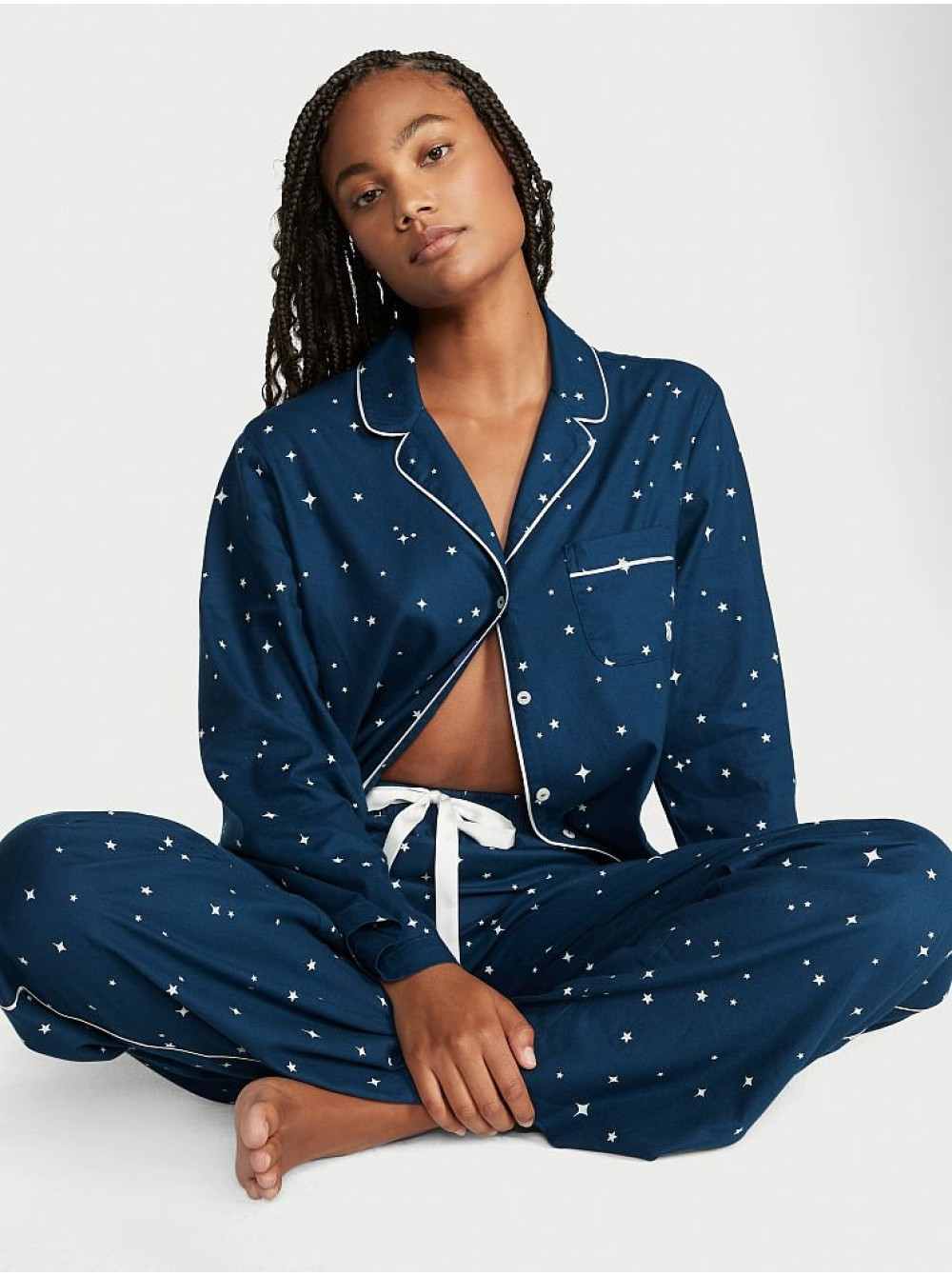 Піжама жіноча Victoria's Secret Flannel Long Pajama Set фланелева в зірочки L Синій (15350991) - фото 1