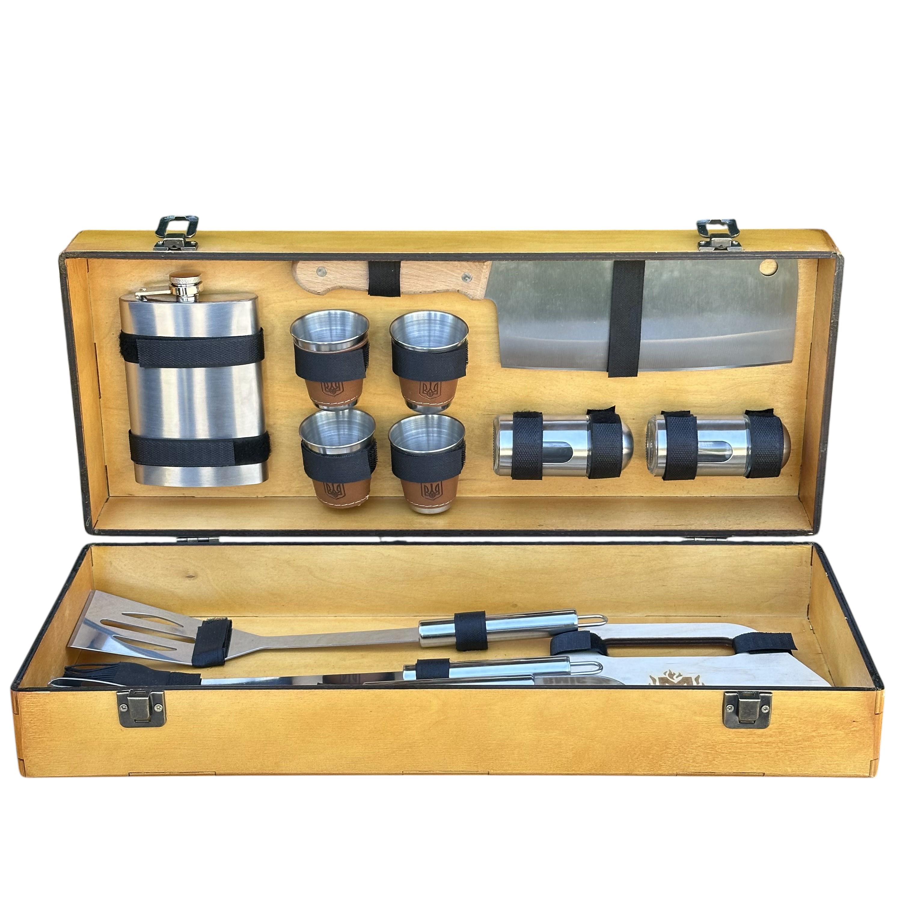 Подарочный набор аксессуаров для гриля Mzavod Гриль мини из нержавеющей стали в деревянном кейсе 500x200x120 мм (136-17-1191710000806)