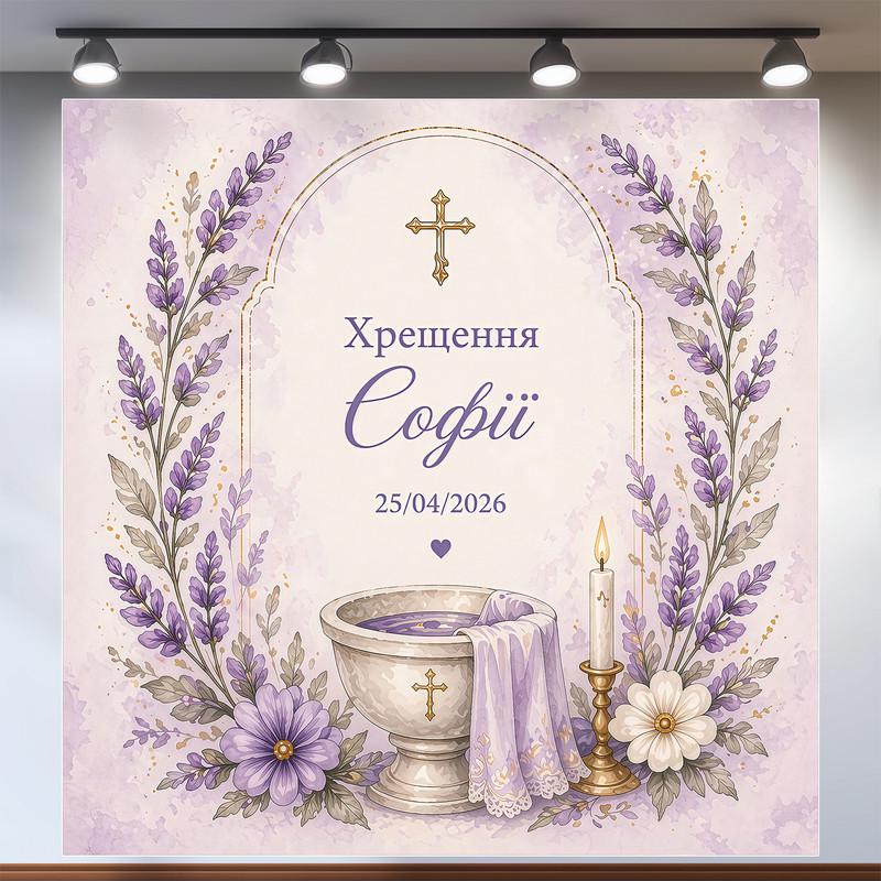 Баннер для крещения девочки Таинство Крещения с лавандой, купелью и свечой 120х120см, №48023 Баннер для крещения девочки Таинство Крещения с лавандой, купелью и свечой 120х120см, №48023