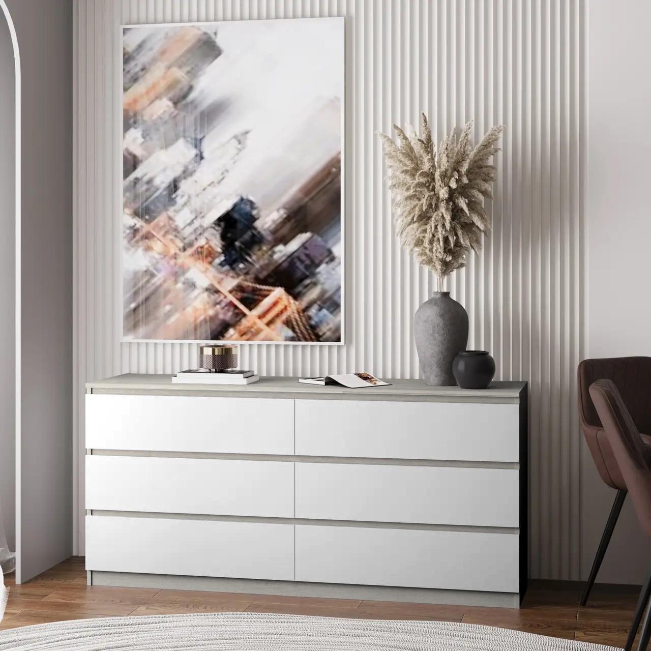 Комод на 6 шухляд без ручок Line TVF6 1400x450x800 мм Шамоні Світлий/Білий