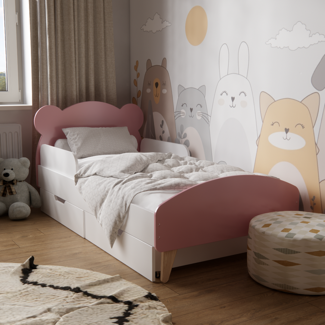 Кроватка детская Мишка с ящиками и бортиками для детей 3-10 лет для девочек 160х80 см Розовый - фото 1 Кроватка детская Мишка с ящиками и бортиками для детей 3-10 лет для девочек 160х80 см Розовый - фото 1