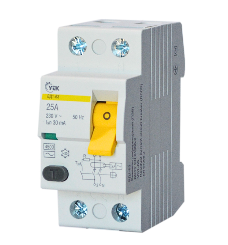 Пристрій захисного відключення УЕК ВД1-63 2P 25A 30мА тип АС (MDV10-2-025-030-U)