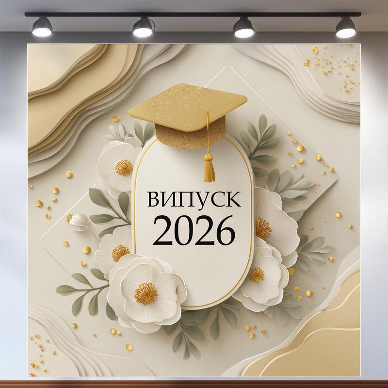 Баннер для фотозоны "Випуск 2026" с белым цветом и бежевым декором для фотозоны 200x200 см №41071