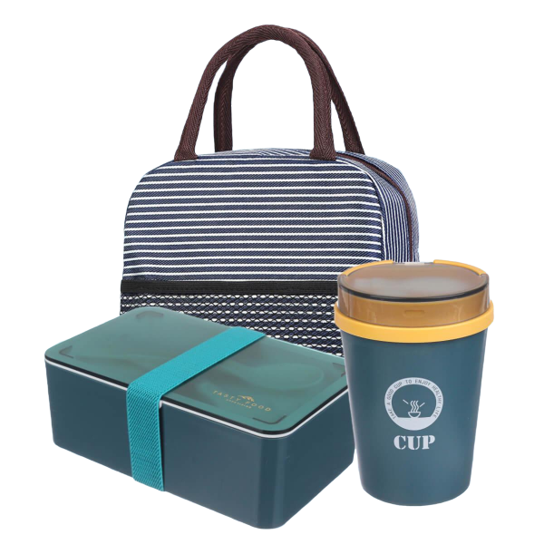 Термосумка + ланчбокс на резинке 1000 мл и стакан для жидкого 500 мл Blue/Yellow (c019)