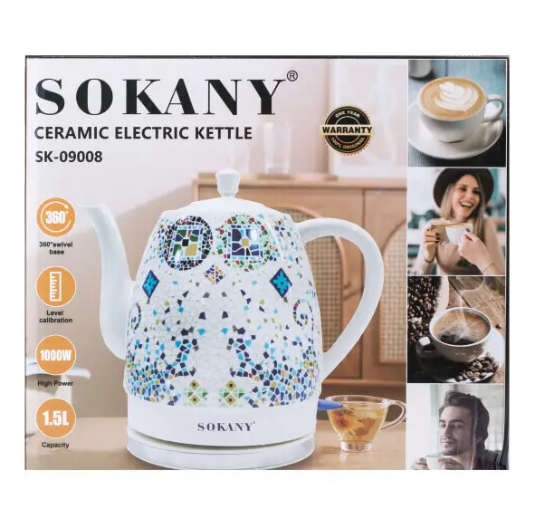 Електрочайник керамічний Sokany SK-09008 мозаїка дисковий 1,5 л - фото 10 Електрочайник керамічний Sokany SK-09008 мозаїка дисковий 1,5 л - фото 10