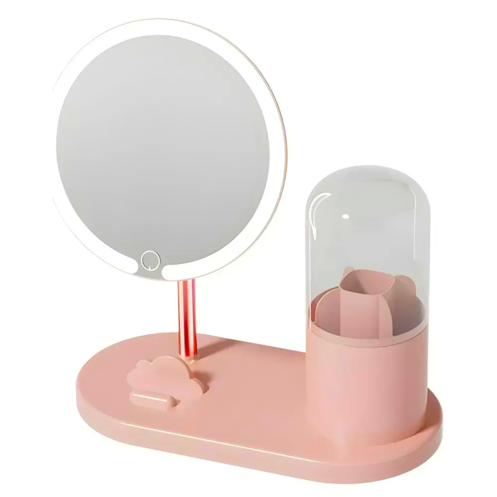 Зеркало косметическое с подсветкой с подставкой для кисточек USB Розовый (30854145)
