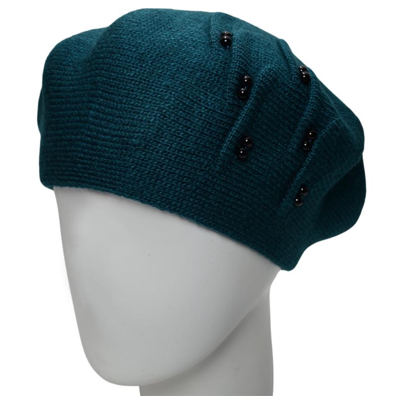 Берет женский шерстяной двойной Lirus Рябина украшена бусинами Зеленый