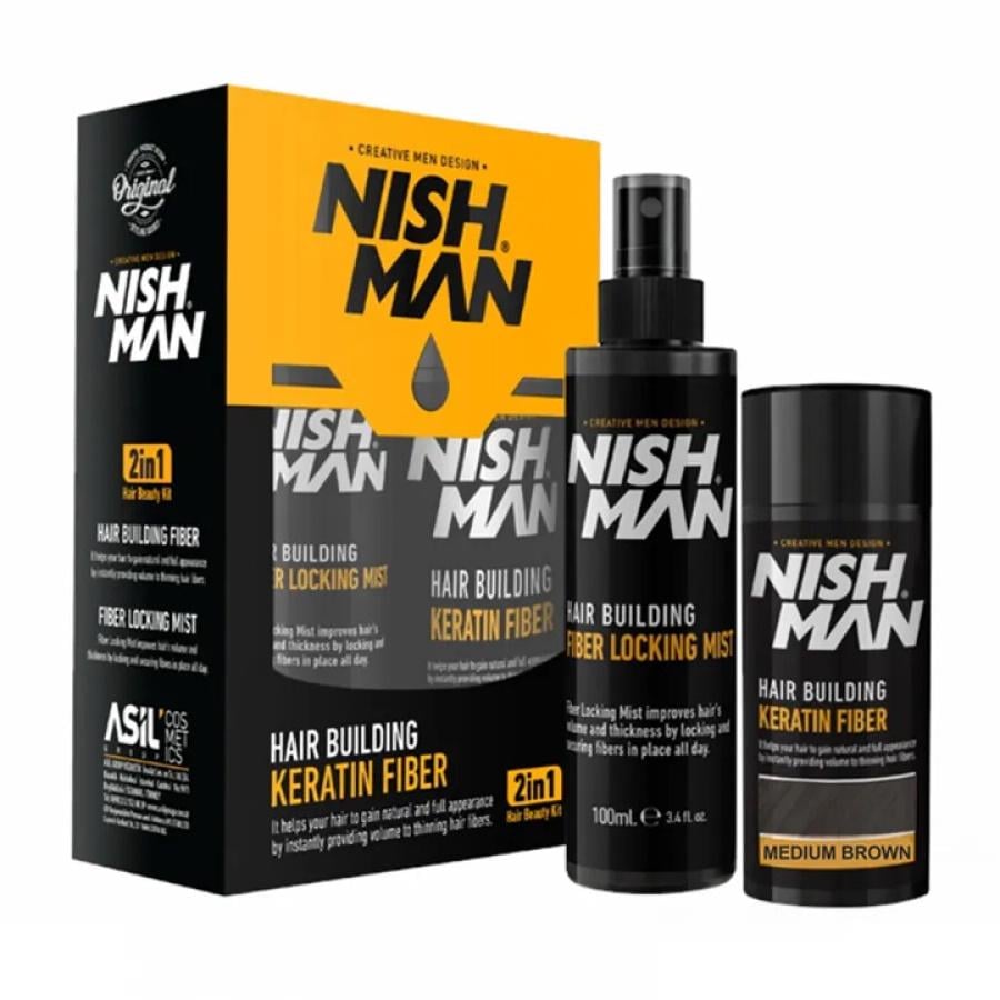Набор для маскировки залысин Nishman Hair Building Keratin Fiber 20 г/Locking Mist 100 мл Коричневый (НМ110)