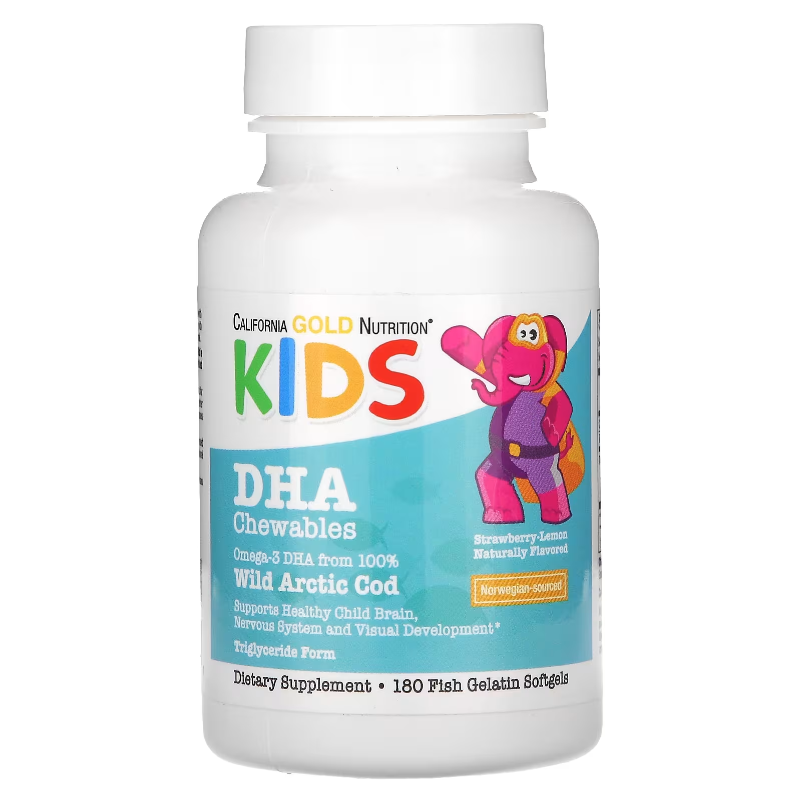 Добавка California Gold Nutrition KIDS з ДГК 100 % дика арктична тріска зі смаком полуниця та лимон 180 капсул Добавка California Gold Nutrition KIDS з ДГК 100 % дика арктична тріска зі смаком полуниця та лимон 180 капсул