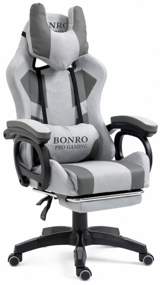 Крісло геймерське з тканини Bonro B-146 з підставкою для ніг Сірий (42401177)