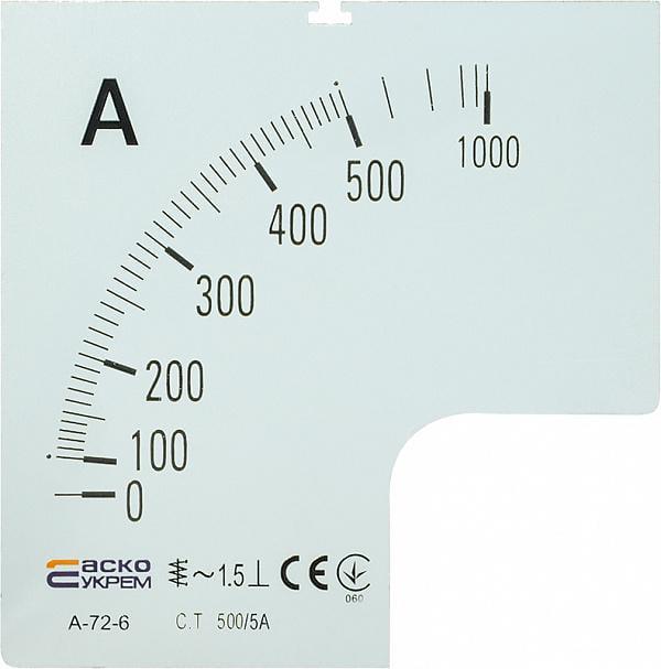 Шкала АСКО-УКРЕМ 500/5А до амперметра трансформаторного включення A-72-6 72х72 мм (27873681) Шкала АСКО-УКРЕМ 500/5А до амперметра трансформаторного включення A-72-6 72х72 мм (27873681)