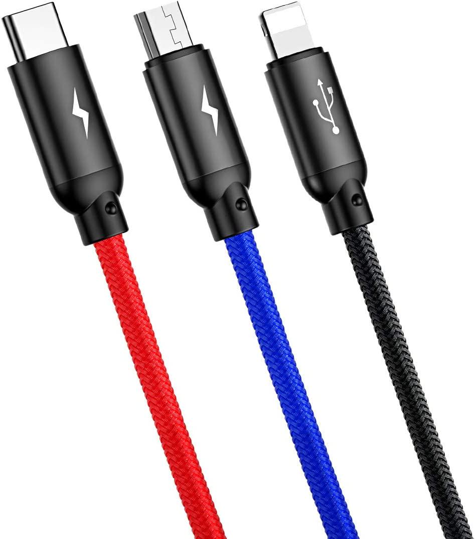 Универсальный кабель BASEUS Three Primary Colors Lightning+TypeC+MicroUSB 3,5А тканевая оплетка 3в1 30 см Черный - фото 4