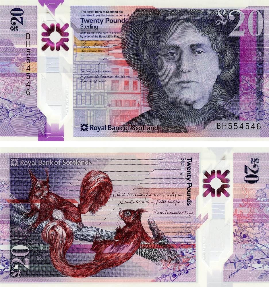 Коллекционная банкнота Шотландия 20 фунтов 2019 2020 Полимер UNC Белки Королевский банк Шотландии De La Rue P134 (Б13396)