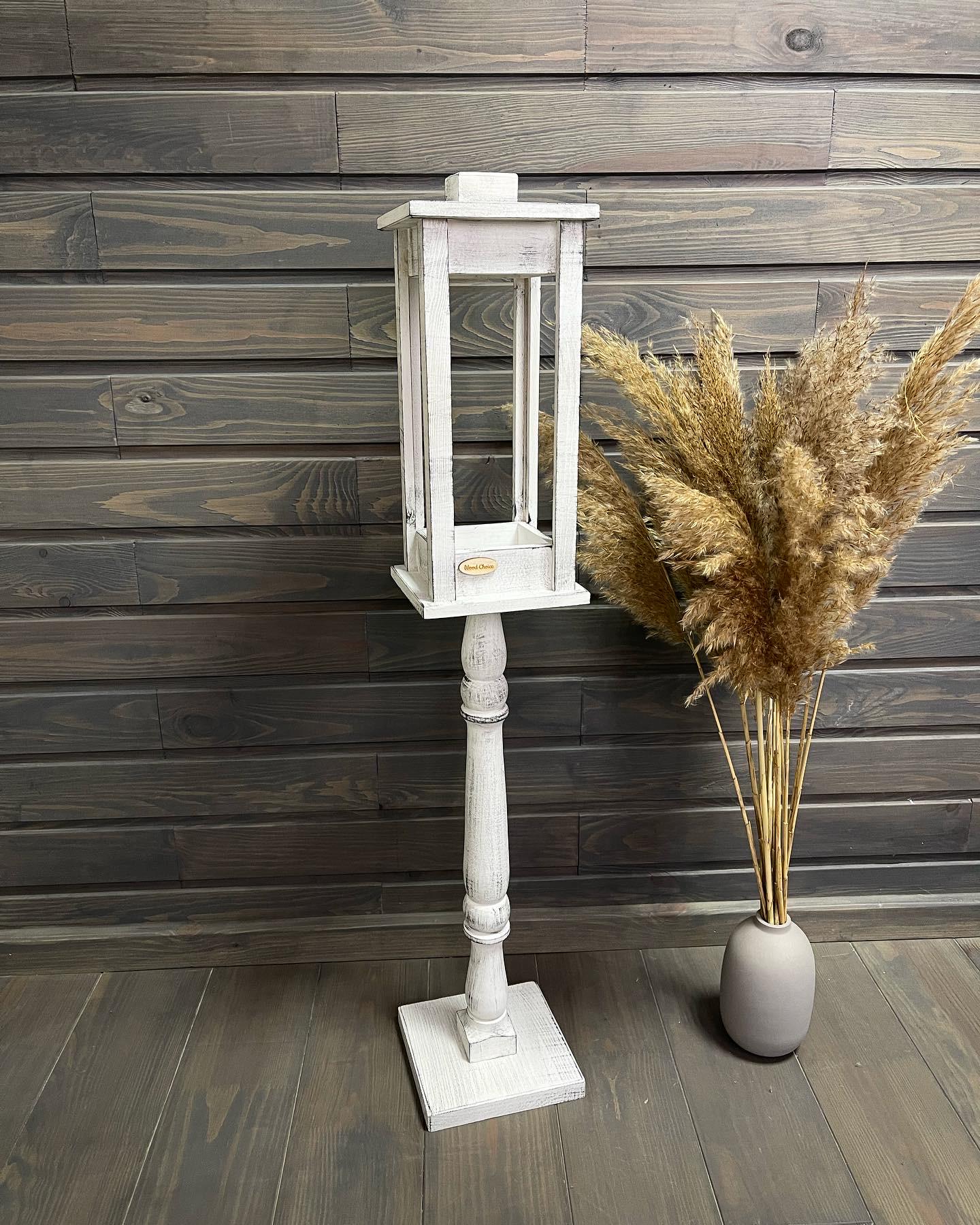 Подсвечник деревянный Wood Choice Фонарь на подставке со свечой 88 см Бело-серый (172)