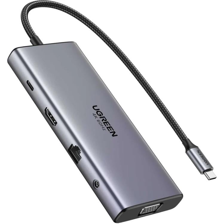 USB-хаб UGREEN CM639 USB 3.2 Type-C to 1xUSB 3.2 1xUSB 3.1 2xType-C 3.2 RJ45 HDMI VGA RJ45 SD TF+3,5 мм PD Grey (45520)