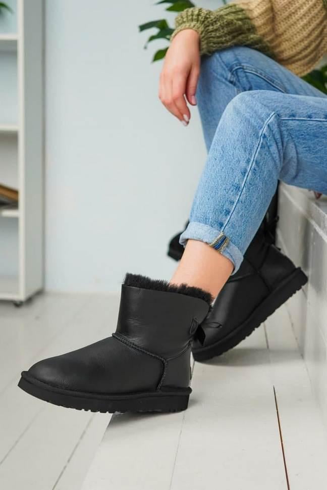 Уггі жіночі шкіряні з бантом Ugg Mini Bailey Bow Leather Чорний (28613)