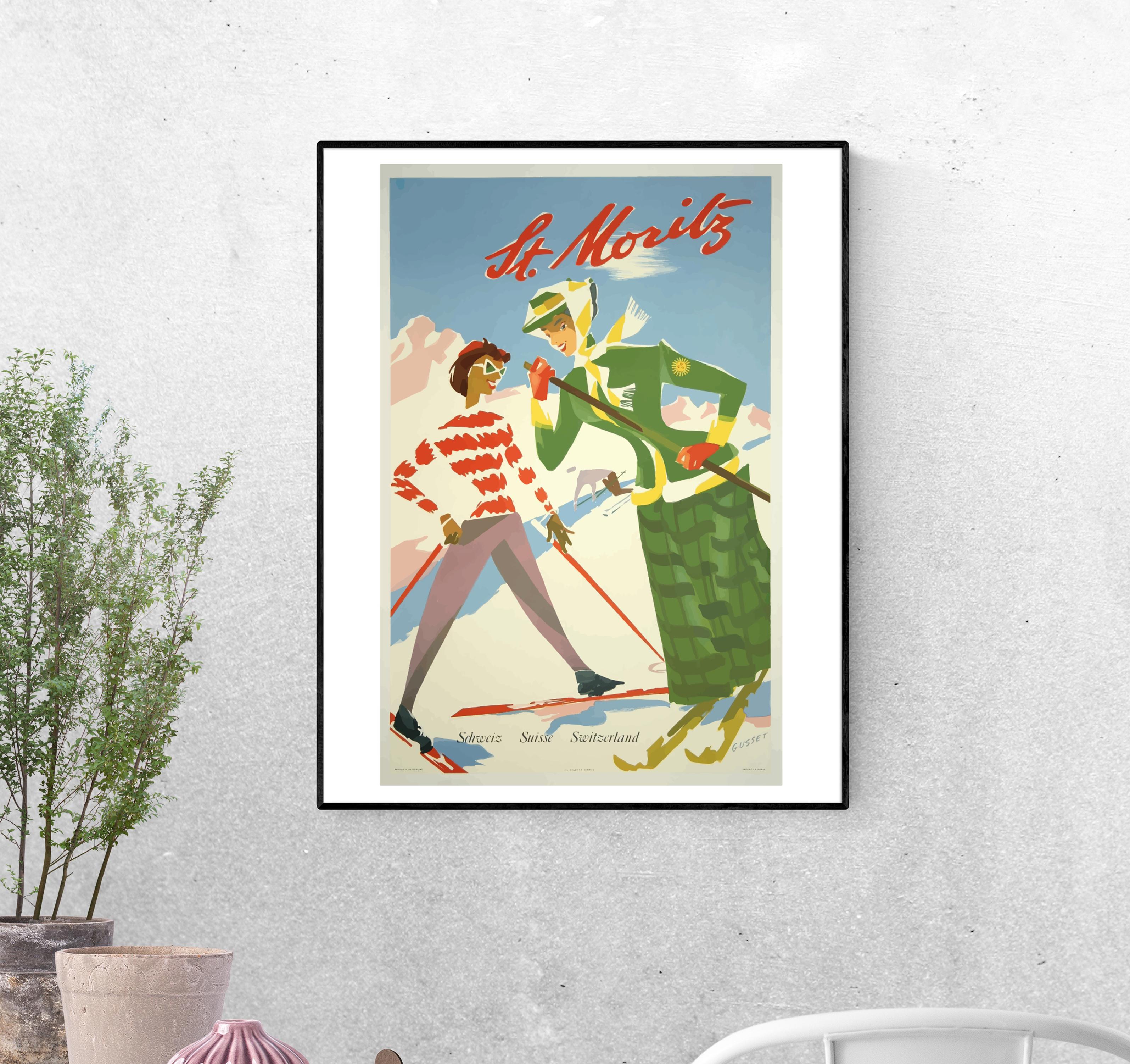 Тревел-постер Швейцария подруги на лыжах формат А-4 (st_moritz_ (switzerland_Poster)