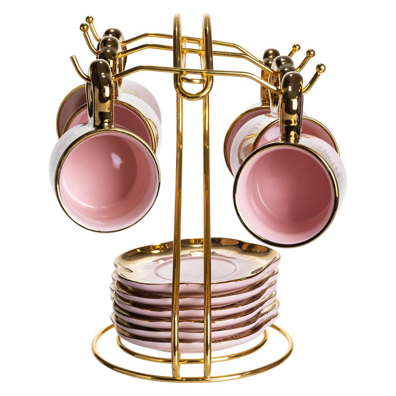Набір чашок для кави на металевій підставці подарунковий 6 шт. по 100 мл Рожевий із золотим (FM-48) - фото 3