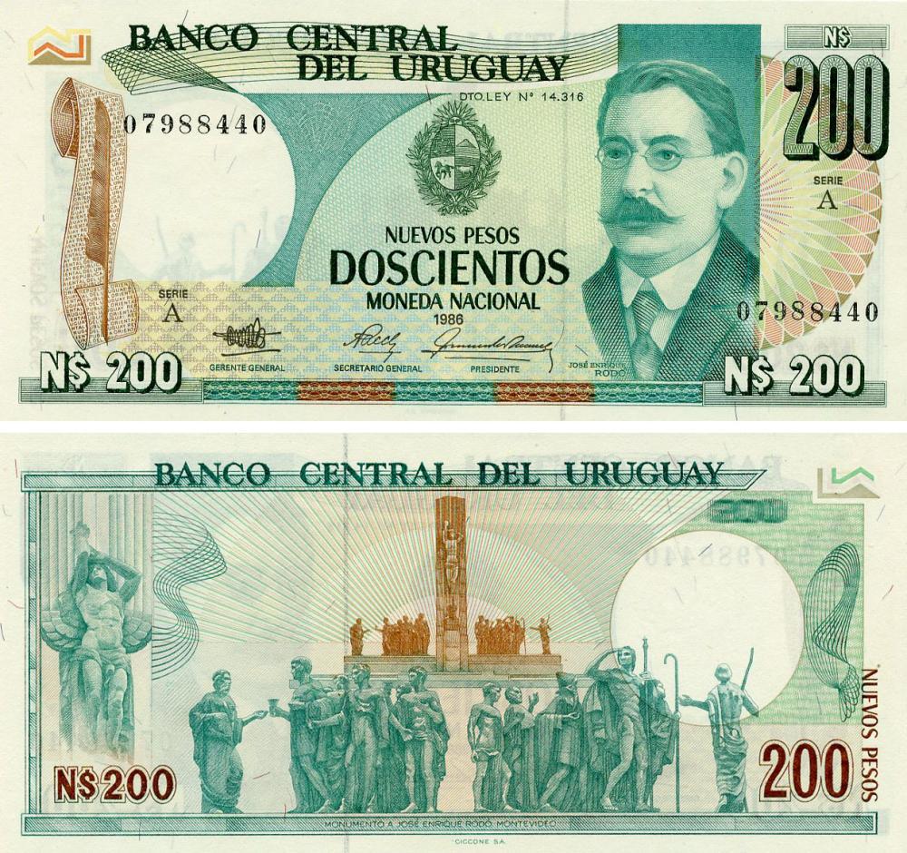 Коллекционная банкнота Уругвай 200 песо 1986 UNC (P66a)
