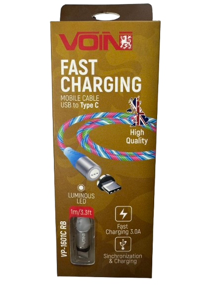 Кабель магнітний Voin USB-Type C 3А Multicolor LED швидка зарядка/передача даних 1 м (VP-1601C)
