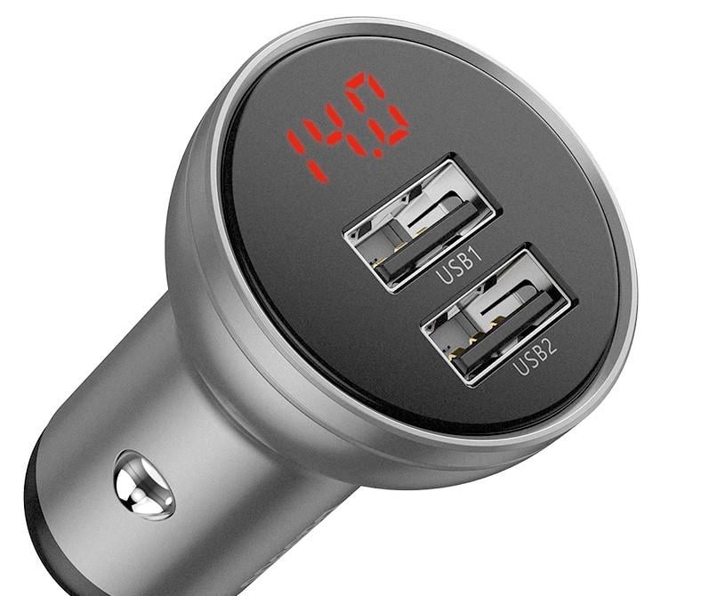 Автомобільний адаптер BASEUS цифровий дисплей подвійний USB 2USB, 4.8a, 24W, срібло - фото 1