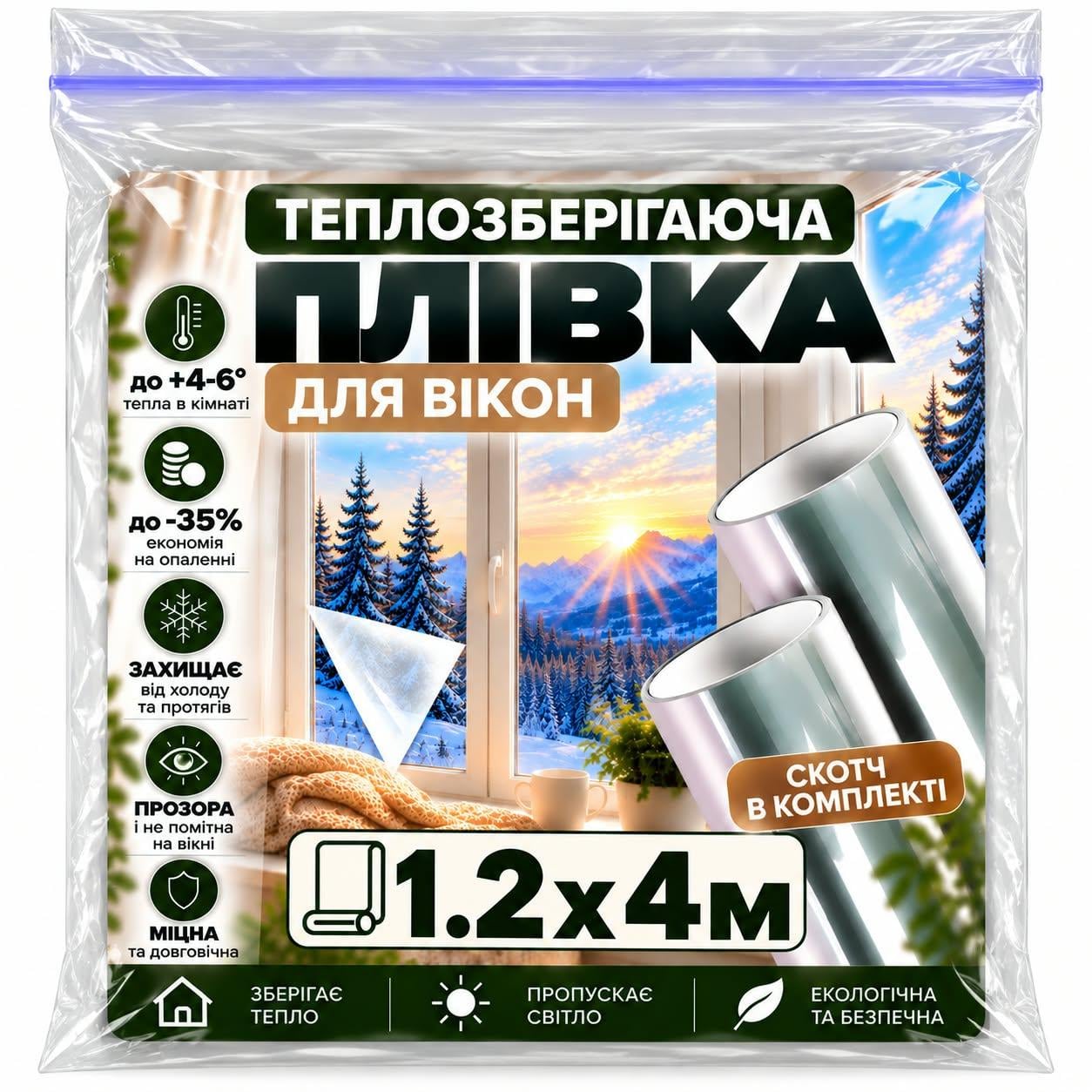 Пленка на окна теплосберегающая со скотчем 20 мкм 1,2 х4 м 4,8 м кв. (38490337)