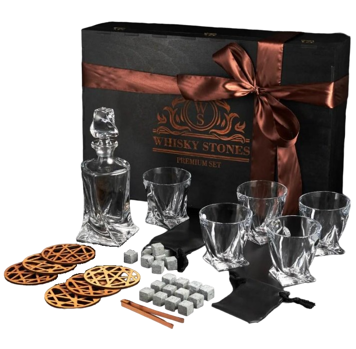 Подарочный набор для алкоголя камни для виски Whiskey Stones 24 шт./6 хрустальных стаканов Bohemia Quadro 340 мл и графин 500 мл