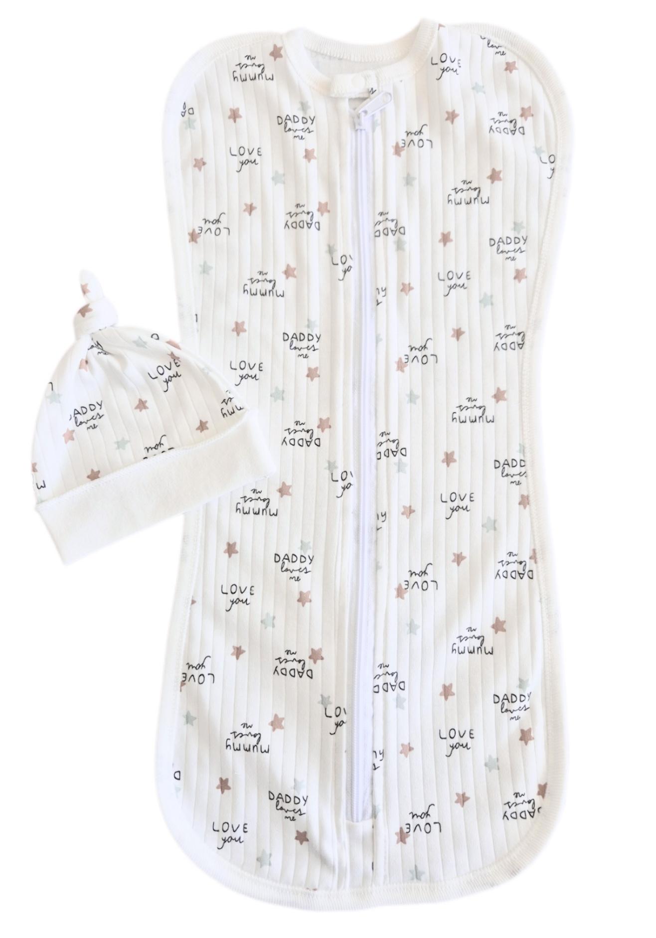 Пеленка-кокон на молнии с шапочкой №99 Love You евро интерлок 0-6 мес. Молочный (143790)