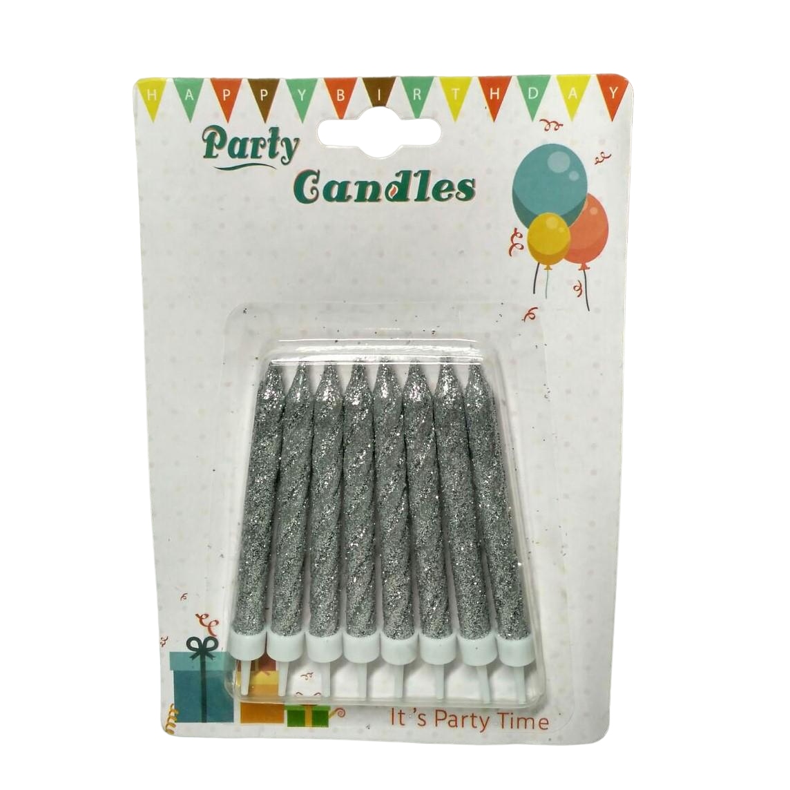 Свечи в торт на подставках в глиттере 8 шт. Серебристый (100086-2)