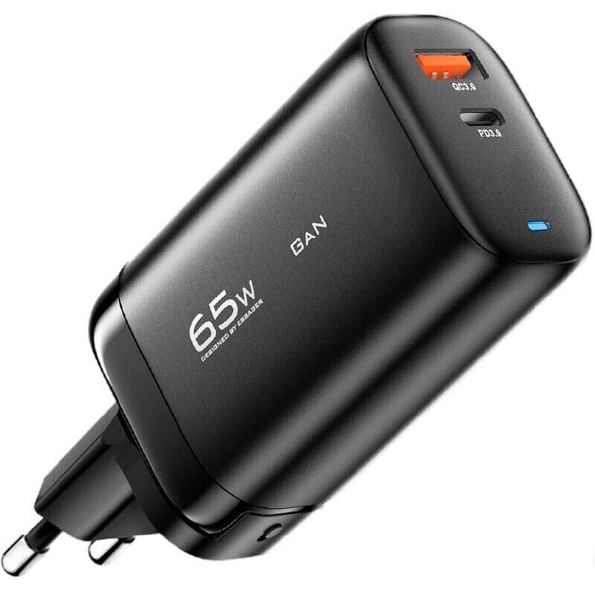 Зарядний пристрій мережевий Essager Shining 65 W GaN Travelling Charger Type-c/USB-A EU Black (586921) - фото 1