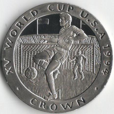 Коллекционная монета Остров Мэн 1 крона 1994 Чемпионат мира по футболу в США UNC Разновидность 3 (KM#368)