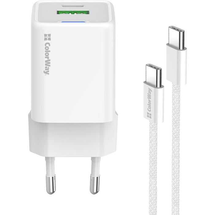 Зарядное устройство сетевое ColorWay GaN Mini CW-CHS055PDC-WT 35W с кабелем USB-C 1xUSB-C 1xUSB-A PD 3.0/QC 4.0 PPS White