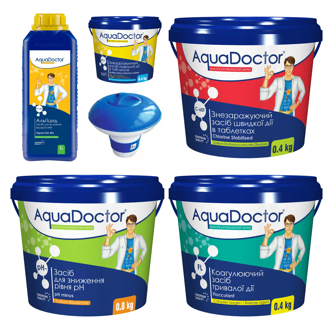 Набір хімії для басейну AquaDoctor 6в1 альгіцид/pH Minus/хлор швидкої та повільної дії/коагулянт/дозатор (3175815776)