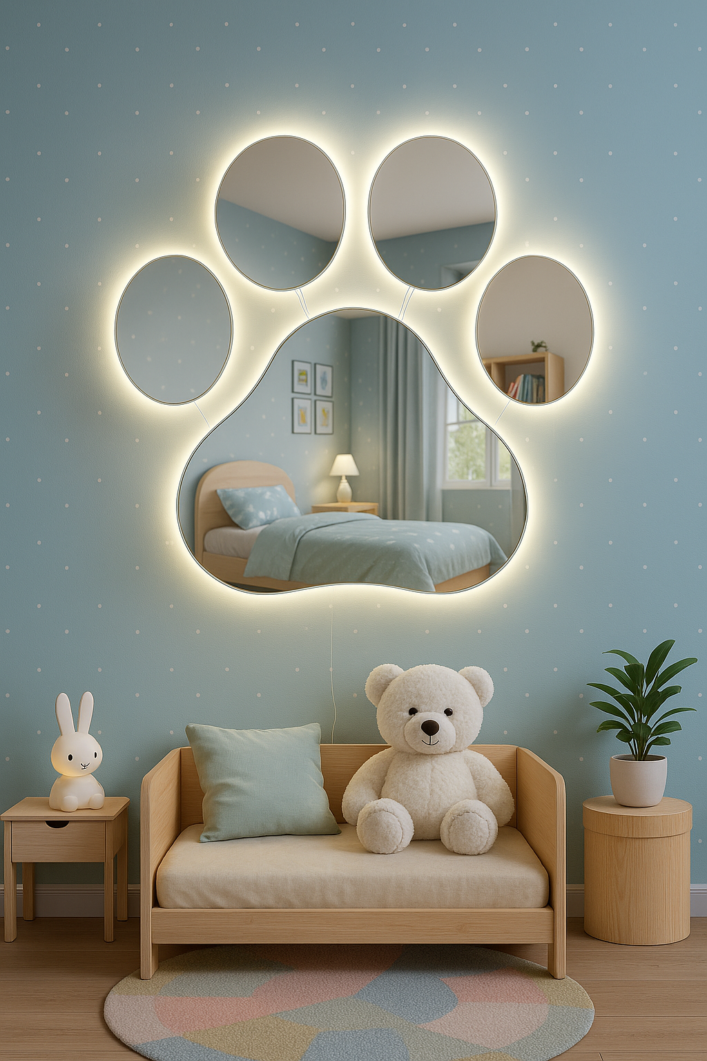 Дзеркало "Слід лапки" 90х90 см з LED-підсвічуванням для дитячої кімнати