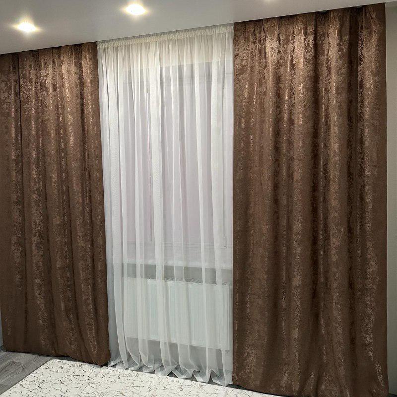 Шторы жаккардовые с мраморным узором среднее затемнение 1,5x2,7 м 2 шт. Коричневый (К1039-17) - фото 3